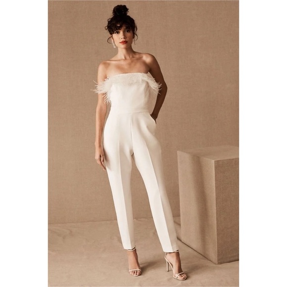 SAYLOR Pants - Saylor Feather Janae Jumpsuit White NYE Party Going Out Strapless BHLDN Collab